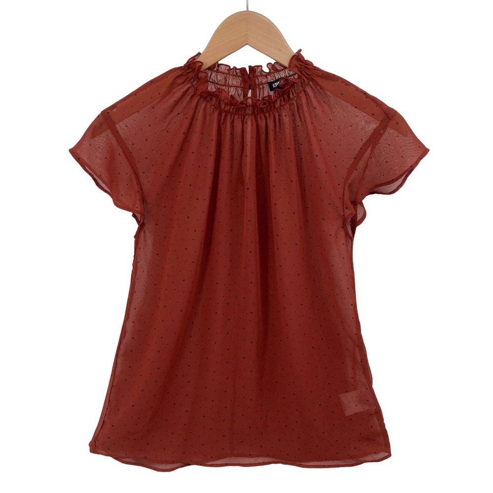 Express Rust Polka Dot Sheer Blouse XS Women's Ruffle Neck Top Boho Chiffon